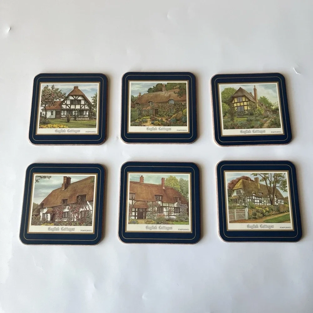 Vintage Pimpernel English Cottages Coaster Set of 6 Cork Backed Made In England
